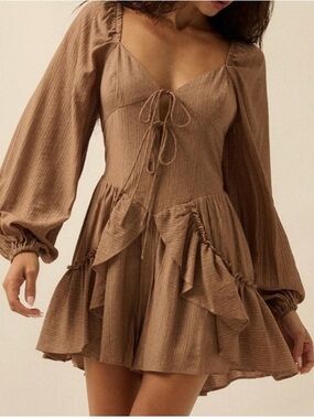 NWT-Promesa peasant Brown Ruffle Tie-Front romper